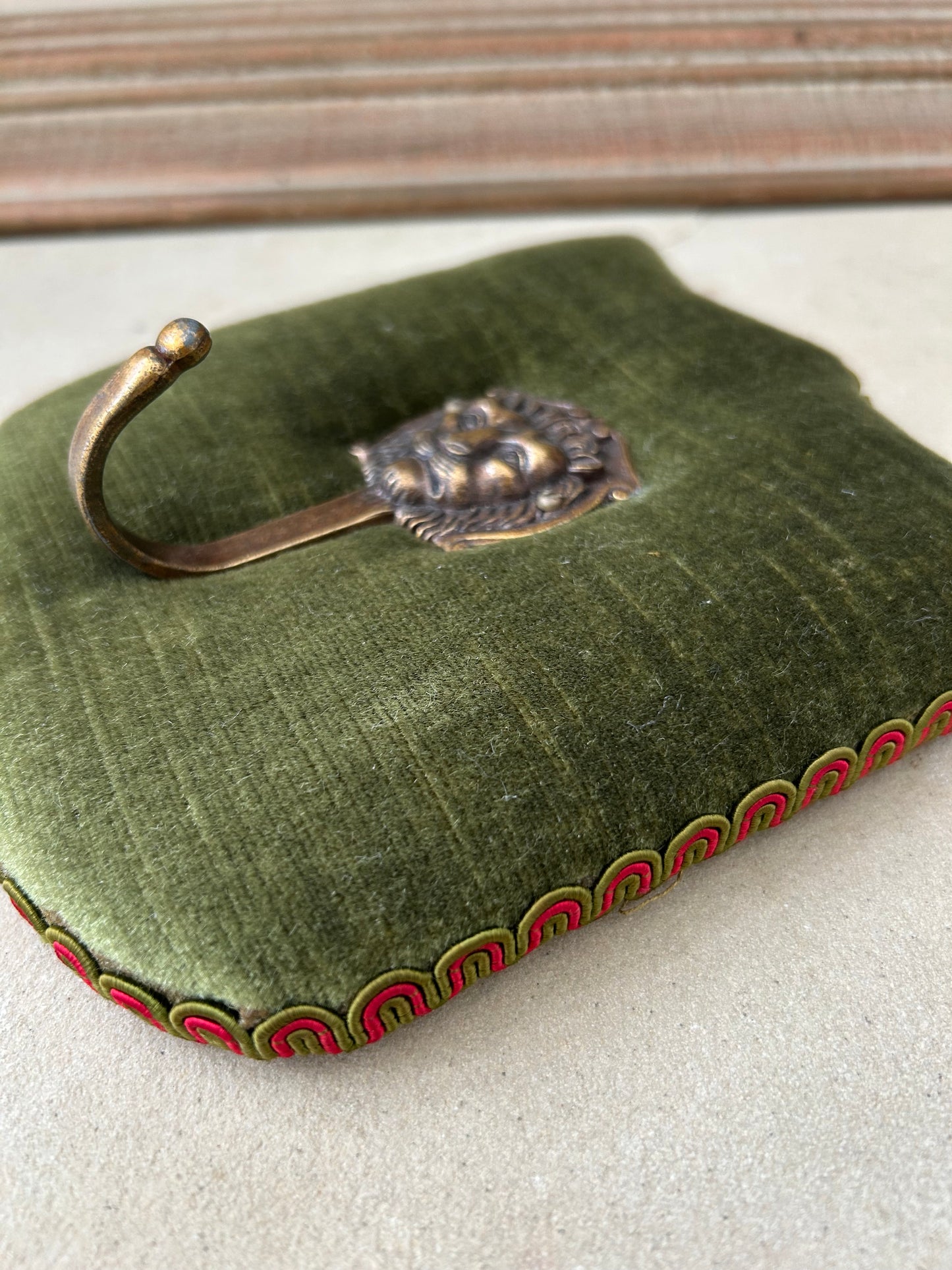 Paris - 5.5” x 7” Vintage Brass Lion Hook, mounted on velvet