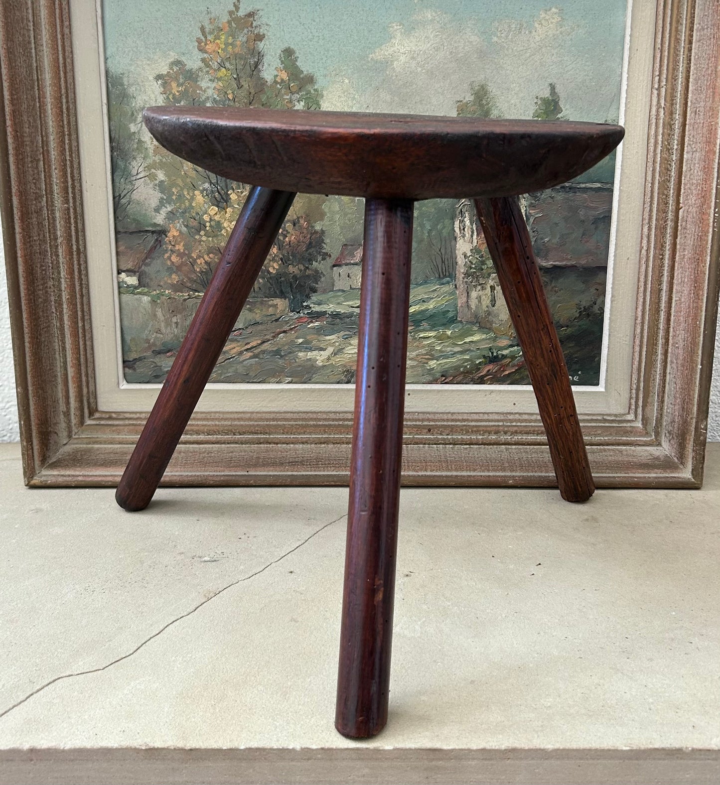 Paris - 11” x 12” H 1850s Rustic French wooden stool wabi sabi style