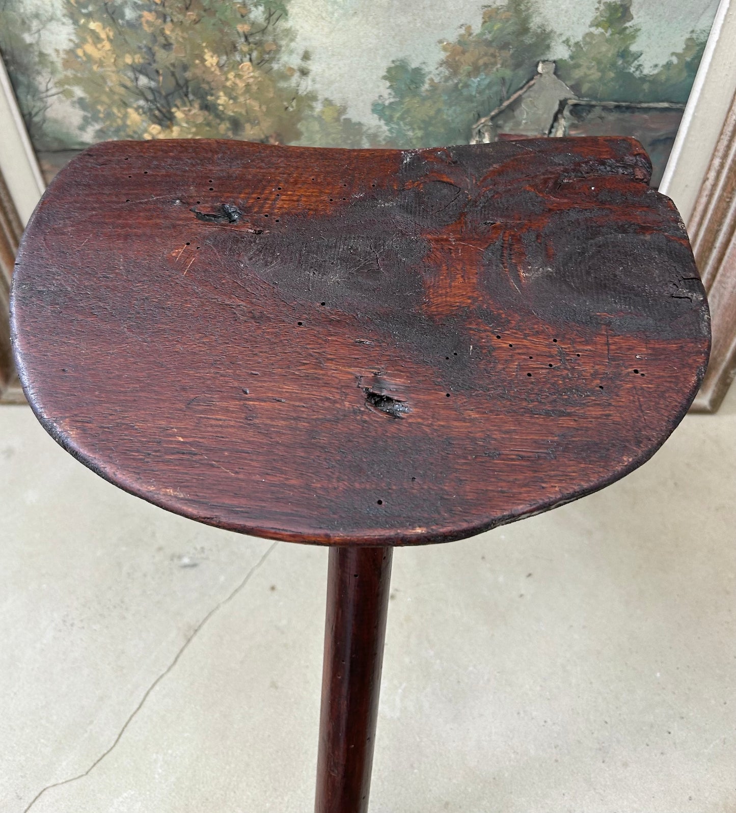 Paris - 11” x 12” H 1850s Rustic French wooden stool wabi sabi style