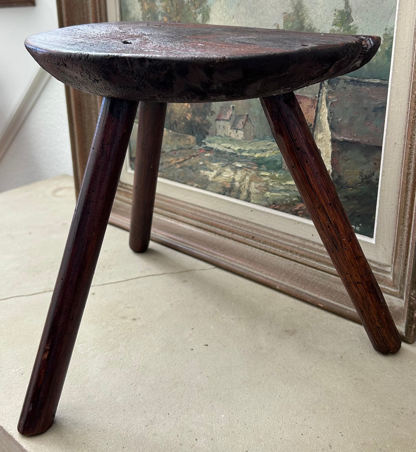 Paris - 11” x 12” H 1850s Rustic French wooden stool wabi sabi style