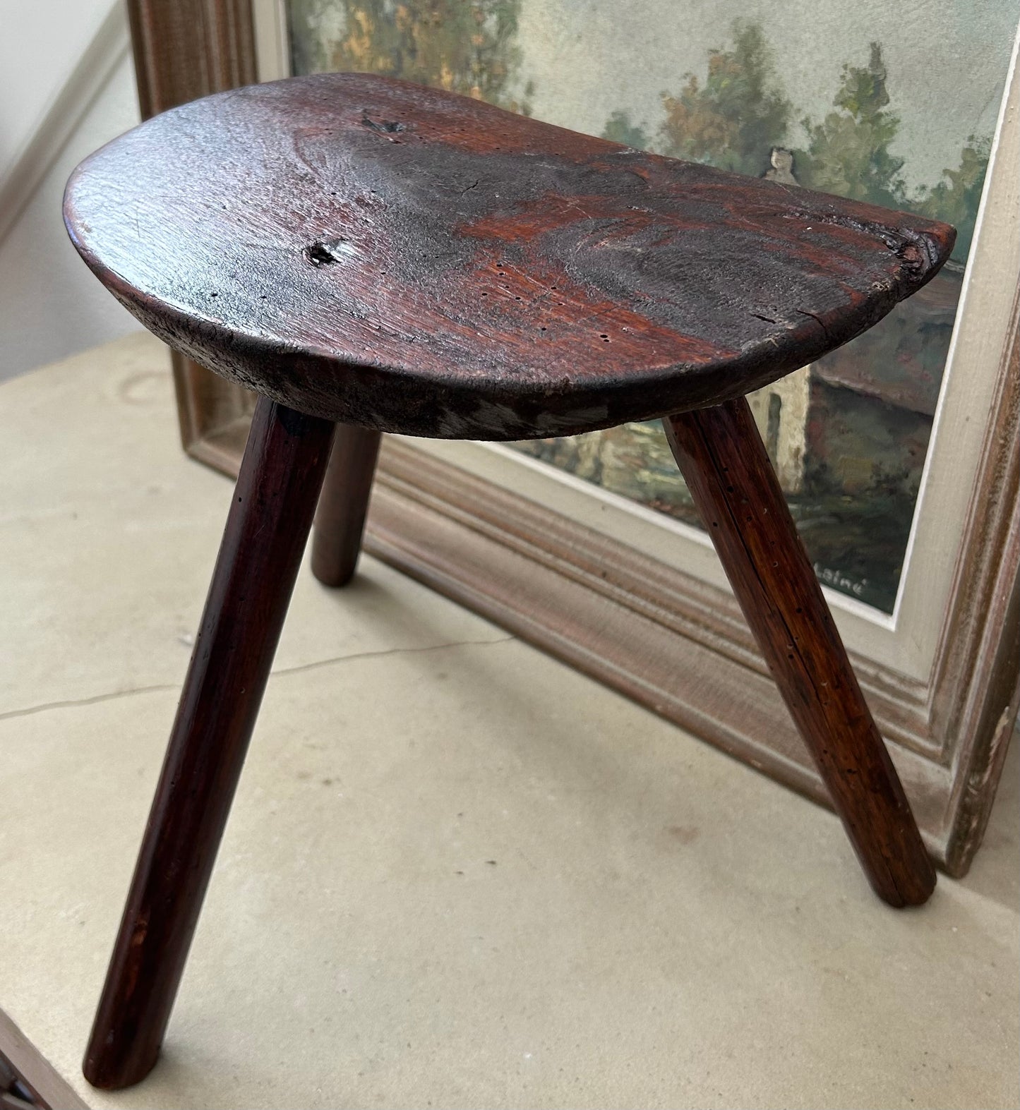 Paris - 11” x 12” H 1850s Rustic French wooden stool wabi sabi style