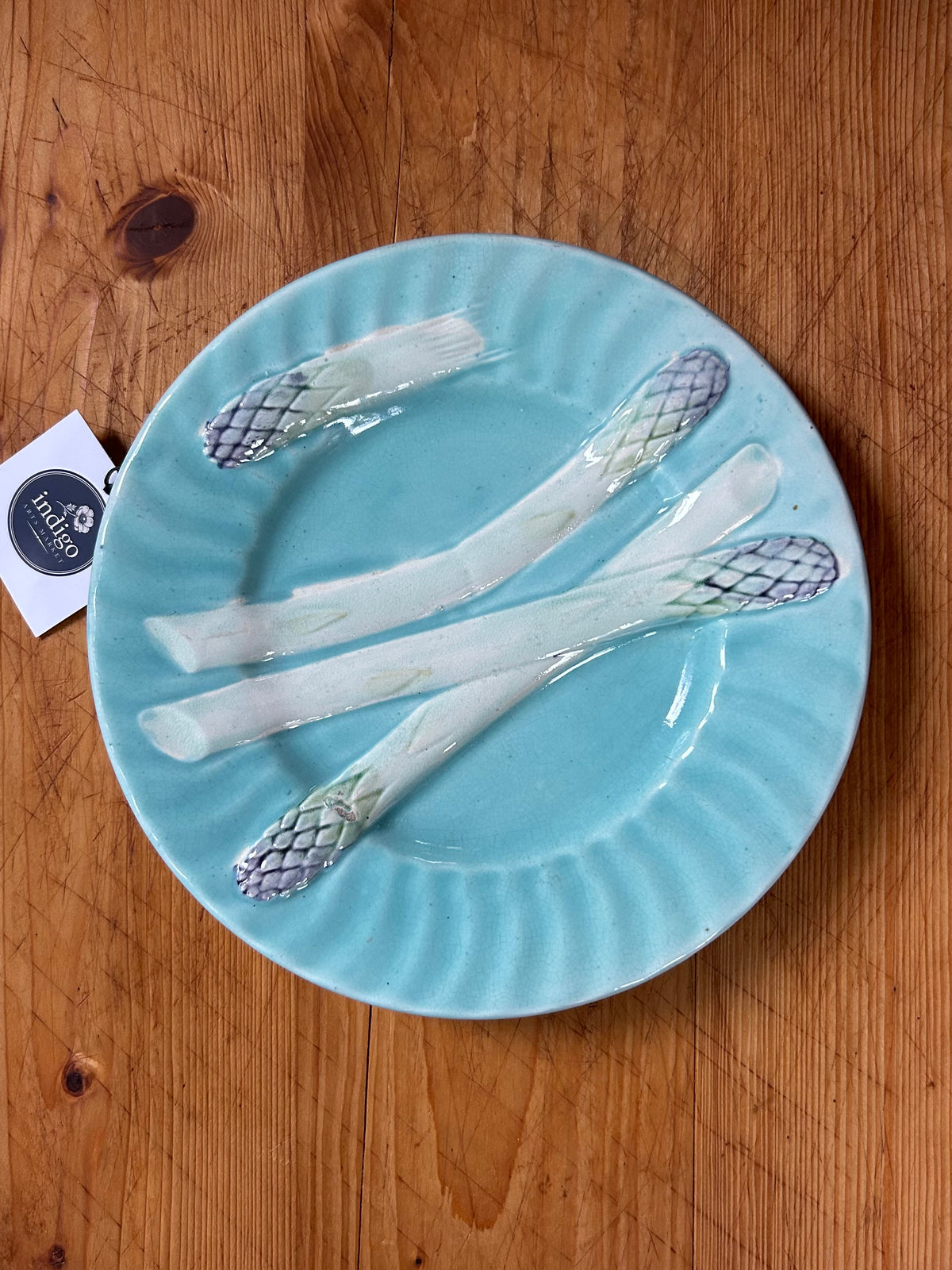 8.75” 1890 French Majolica Luneville Aqua Asparagus Plate