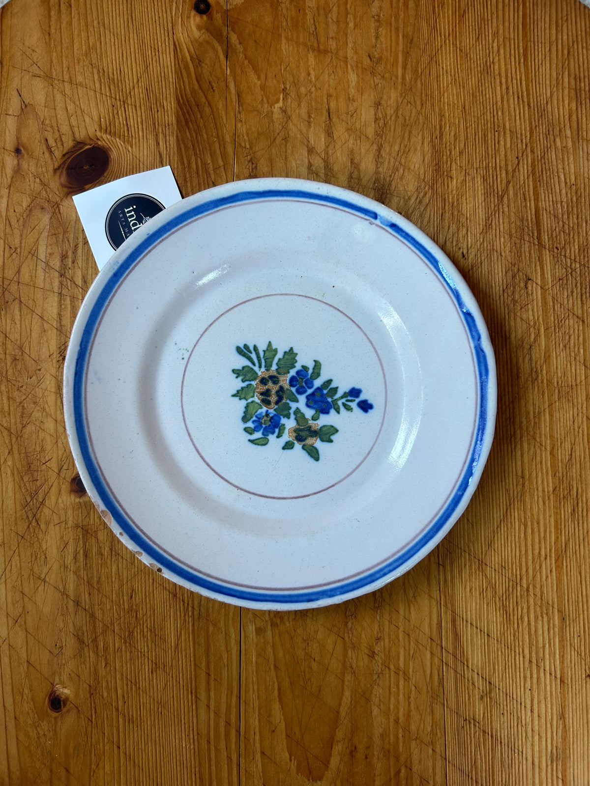 8” Antique French Faience Plate cobalt blue flower