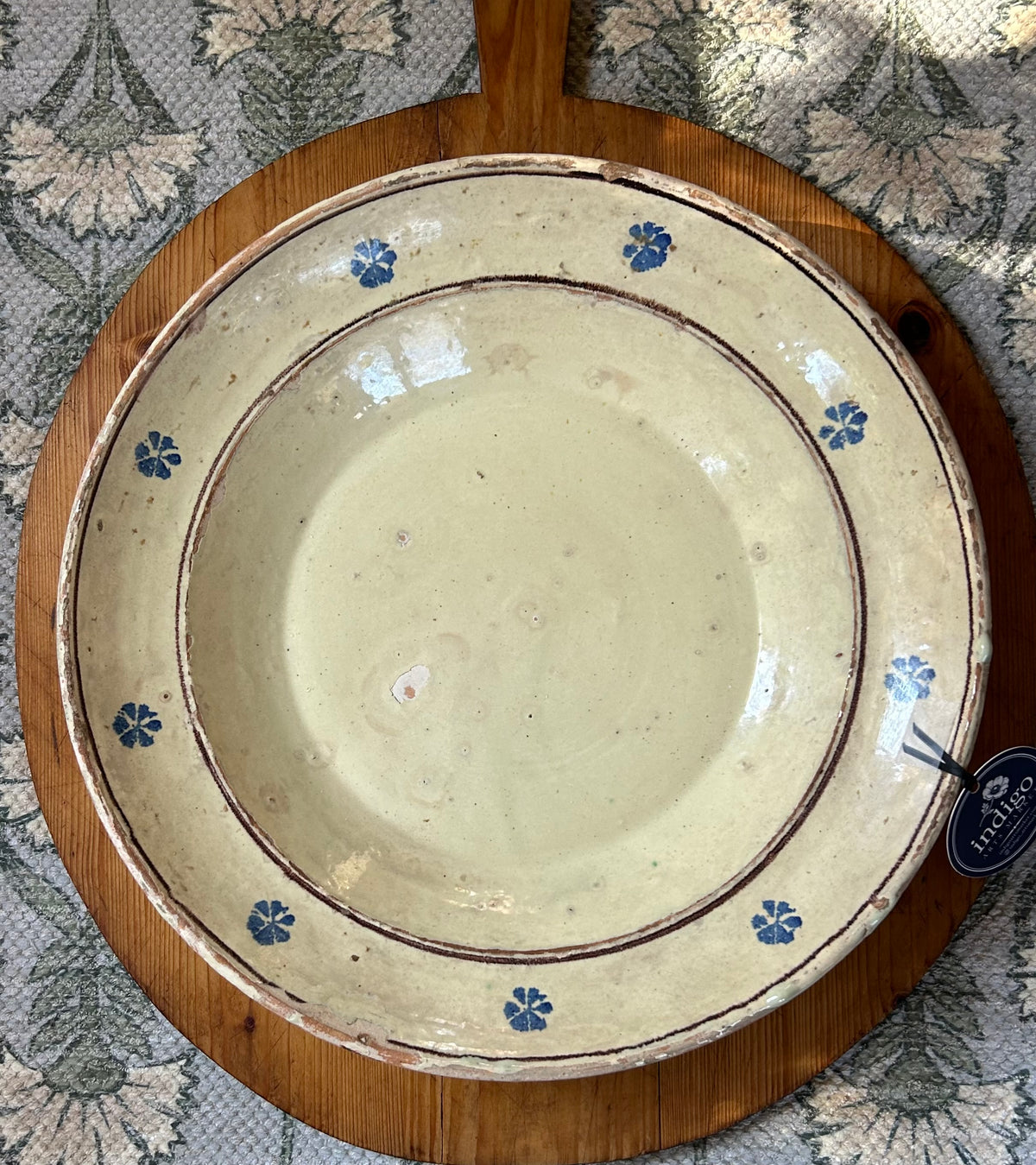 15.5” x 3” Antique Italian Puglia Bowl with blue accents